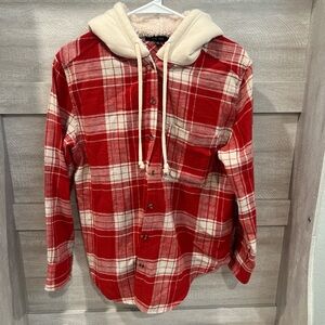 Red Plaid Button-Up Hoodie